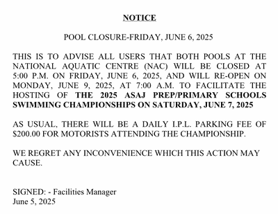 Pool Closure Notice - 6th June 2025